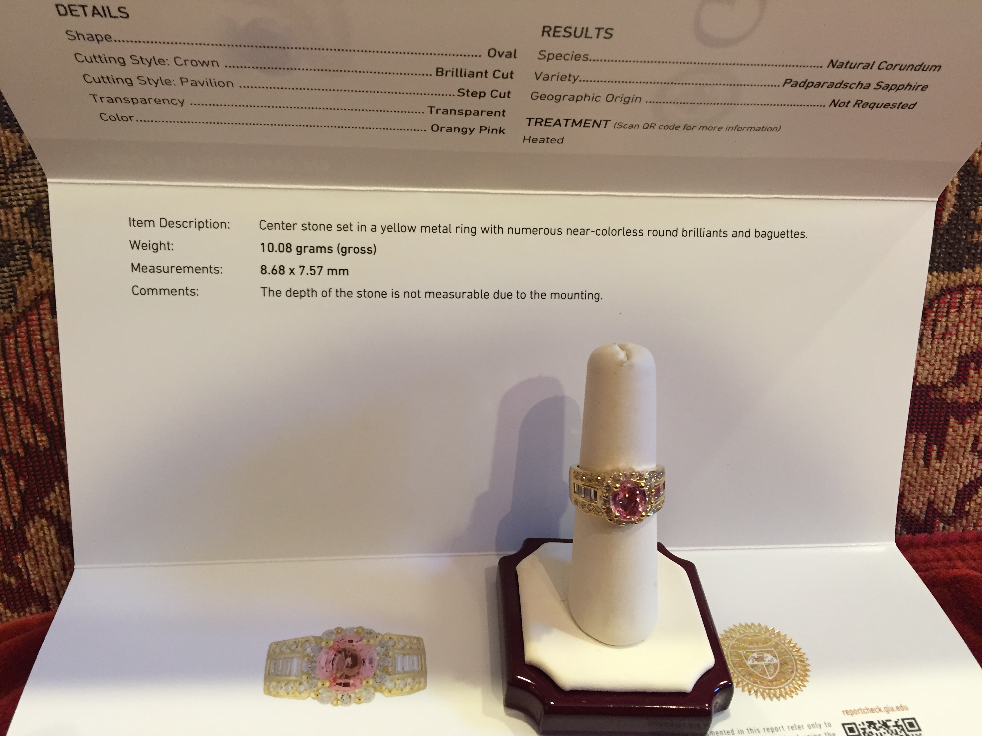 18k Yellow Gold 3.7ct GIA Certified Padparadscha Sapphire & Diamonds Ring - Image 4