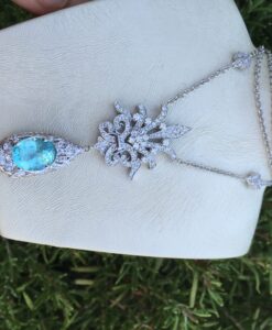 14k White Gold 8.07ct GIA Certified Neon Windex Blue Paraiba Necklace & Diamonds