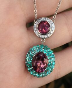 14k White Gold 5.05ct Paraiba, Pink Tourmaline, And Pink Diamonds Necklace