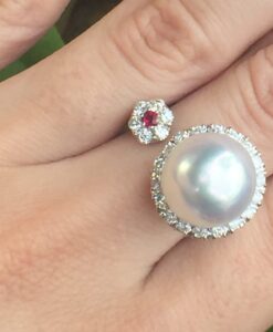 14k White Gold 0.68ct South Sea Pearl, Ruby & Diamonds Ring