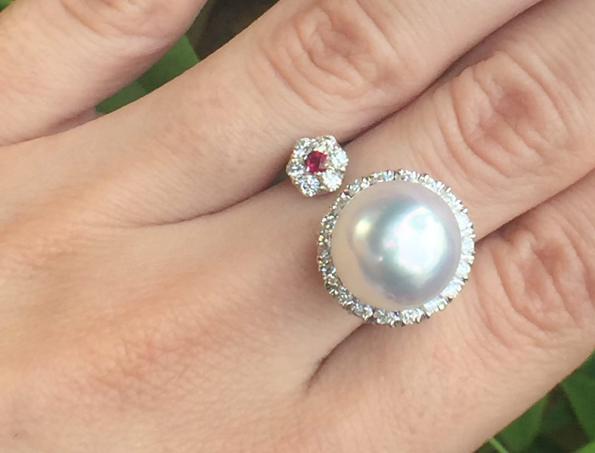 14k White Gold 0.68ct South Sea Pearl, Ruby & Diamonds Ring