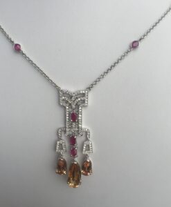 14k White Gold 10.84ct Imperial Topaz, Rubies & Diamonds Necklace