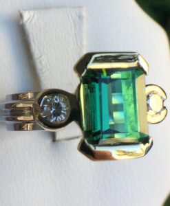 14k White And Yellow Gold 3.27ct Genuine Rare Green Tourmaline And Diamonds Ring