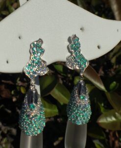 18k White Gold 2.85ct Paraiba, 49.73ct Quartz & 0.63ct VS Diamonds Earrings