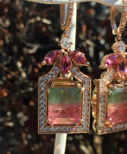 14k Rose Gold 11.85ct Bi-Color Tourmaline & VS Diamonds Earrings