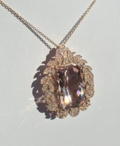 14k Rose Gold 37.83 Pink Morganite & VS Diamonds Necklace